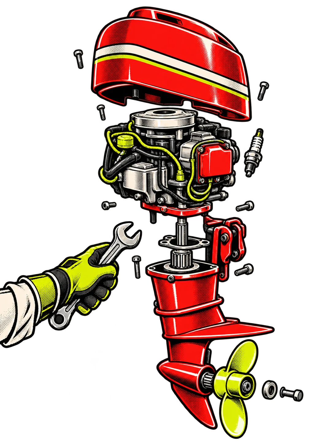 Cartoon illustration of an outboard motor pulled apart into floating layers: cowling, powerhead, lower unit and propeller.